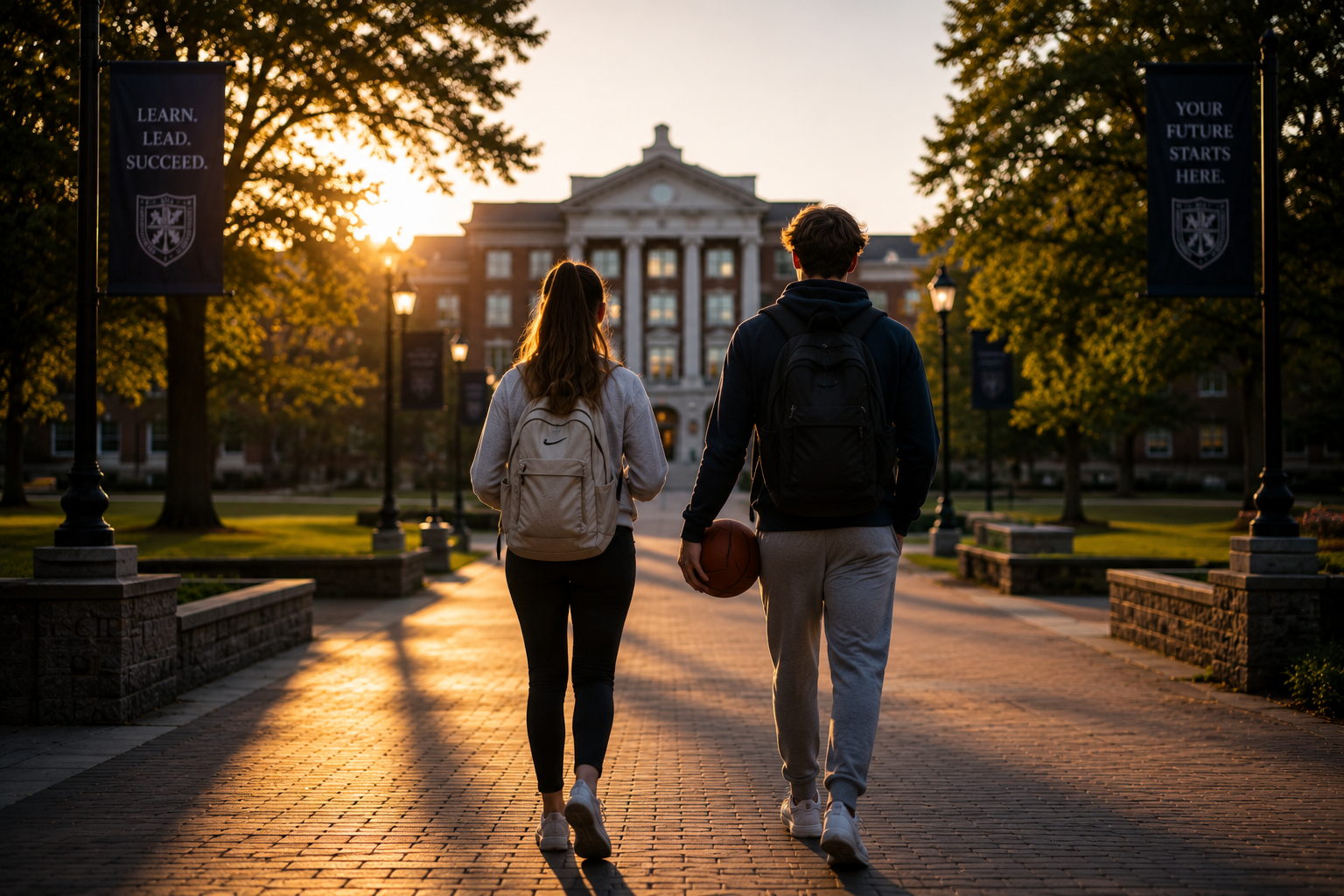 Two student-athletes walking through a bright American university campus in warm afternoon light