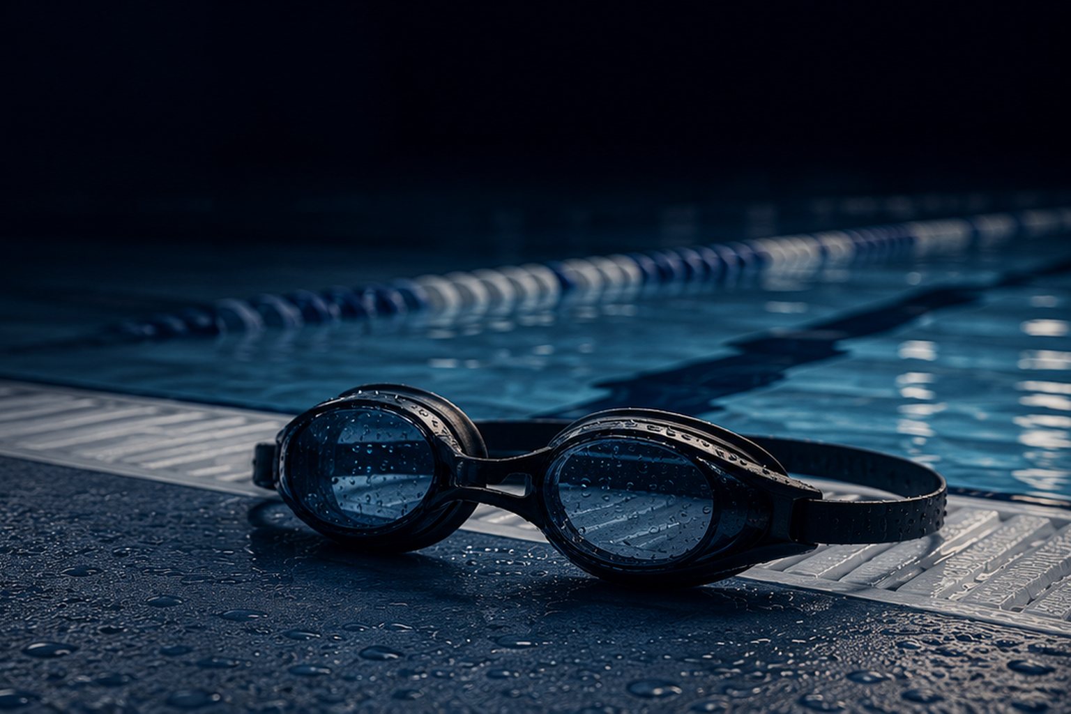 A swimmer training in an outdoor pool in natural daylight
