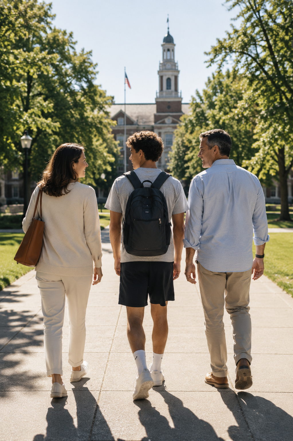A student-athlete walking through a sunny university campus together with his parents